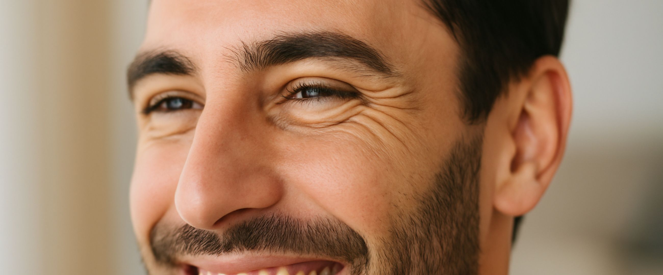 Close-up of a smiling man with under-eye creases