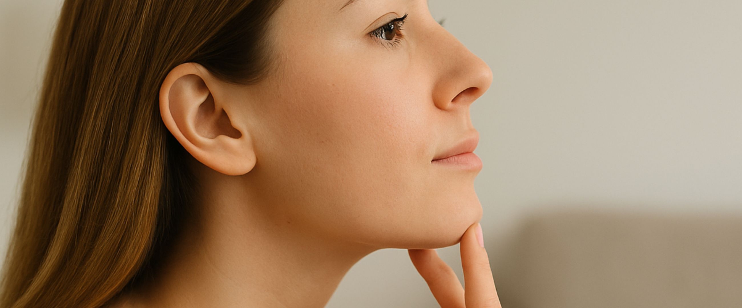 Woman in side profile gently touching her chin in soft natural light