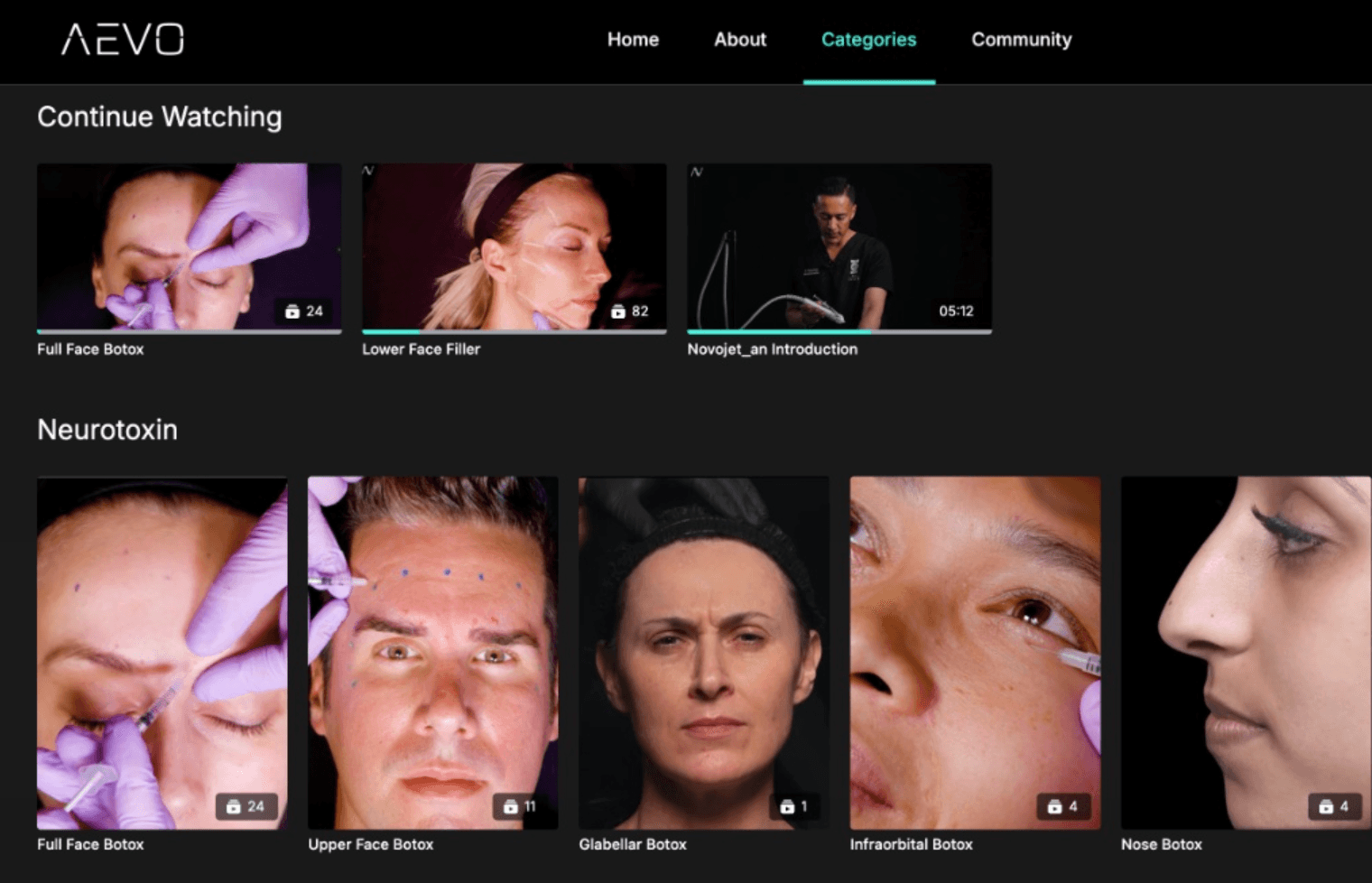 AEVO Dashboard UI: Continuing education video library showing clinical injection modules